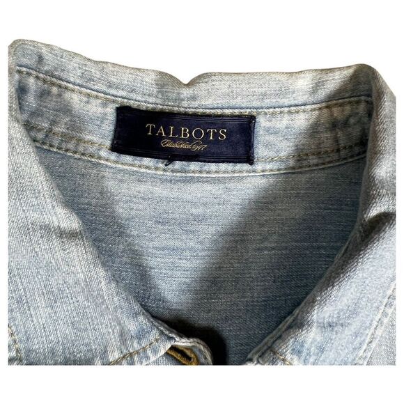 Talbots Denim Chambray Jean Blouse 1/4 Button-Up Roll Tab Long Sleeve Size Small - Picture 4 of 6